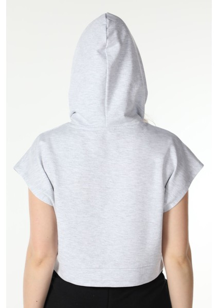 Kadın Baskılı Kapüşonlu Crop Sweat Kar Melanj