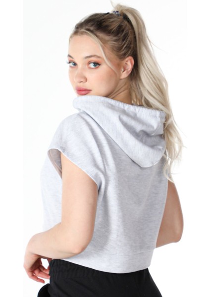 Kadın Baskılı Kapüşonlu Crop Sweat Kar Melanj