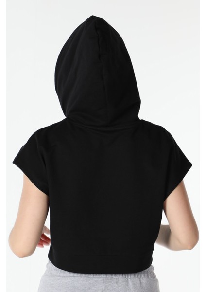 Kadın Baskılı Kapüşonlu Crop Sweat Siyah indirimleri