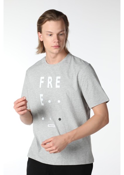 Erkek Bisiklet Yaka Kısa Kollu Regular Fit Baskılı Tişört Gri Melanj modelleri