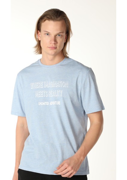 Erkek Baskılı Kısa Kollu Bisiklet Yaka Tişört Mavi