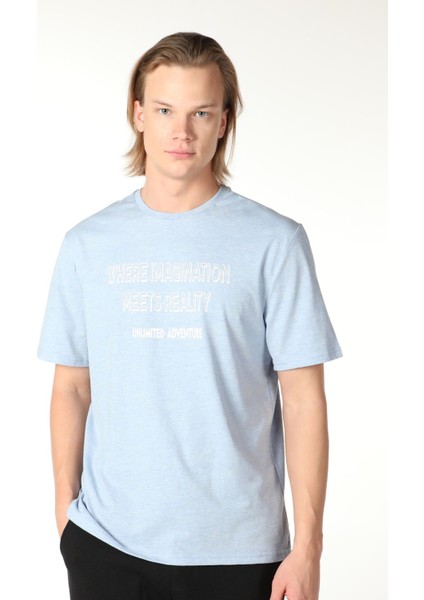 Erkek Baskılı Kısa Kollu Bisiklet Yaka Tişört Mavi modelleri