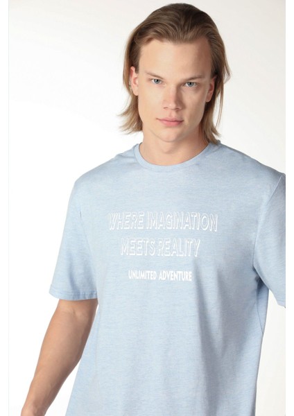 Erkek Baskılı Kısa Kollu Bisiklet Yaka Tişört Mavi fırsatları