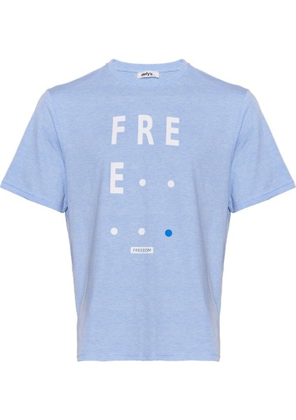 Erkek Bisiklet Yaka Kısa Kollu Regular Fit Baskılı Tişört Mavi Melanj