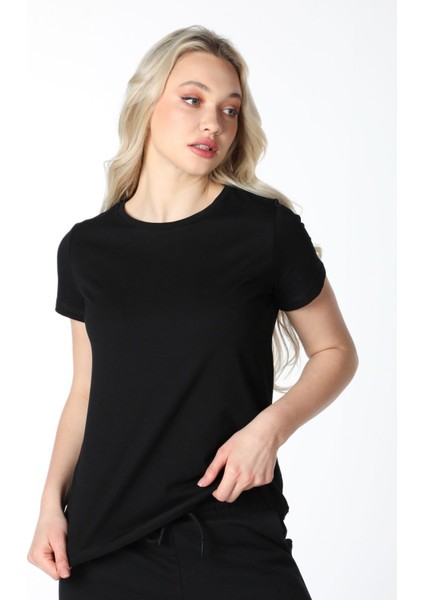 Kadın Bisiklet Yaka Kısa Kollu Regular Fit Basic Tişört Siyah