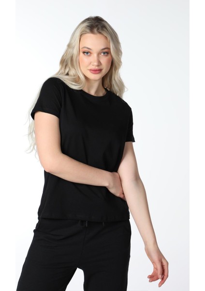 Kadın Bisiklet Yaka Kısa Kollu Regular Fit Basic Tişört Siyah fiyatları