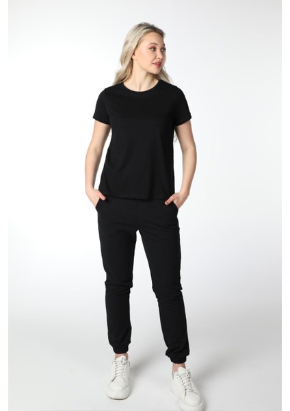 Kadın Bisiklet Yaka Kısa Kollu Regular Fit Basic Tişört Siyah modelleri