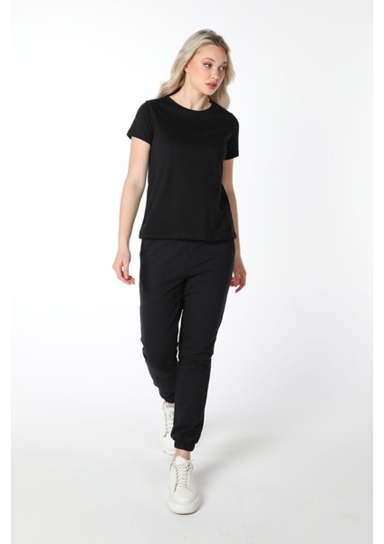 Kadın Bisiklet Yaka Kısa Kollu Regular Fit Basic Tişört Siyah fırsatları