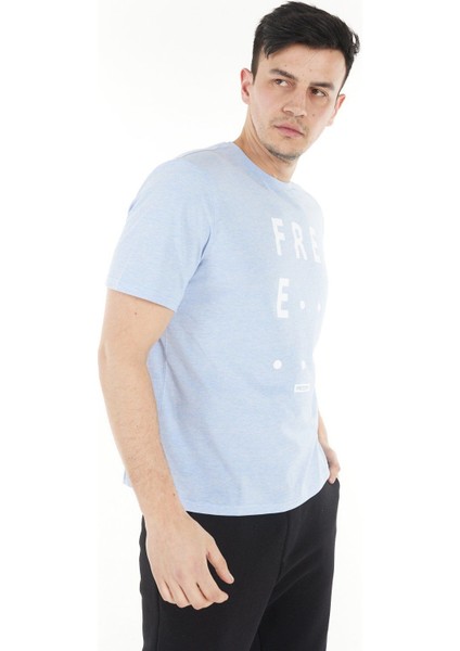 Erkek Bisiklet Yaka Kısa Kollu Regular Fit Baskılı Tişört Mavi Melanj fiyatları
