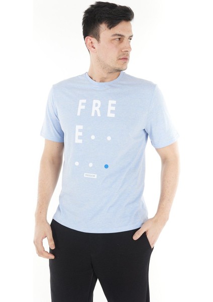 Erkek Bisiklet Yaka Kısa Kollu Regular Fit Baskılı Tişört Mavi Melanj modelleri