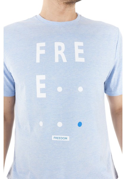 Erkek Bisiklet Yaka Kısa Kollu Regular Fit Baskılı Tişört Mavi Melanj fırsatları