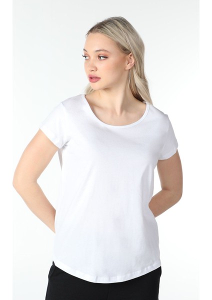 Kadın Kayık Yaka Kısa Kollu Regular Fit Basic Tişört Beyaz