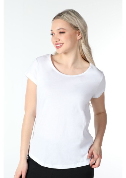 Kadın Kayık Yaka Kısa Kollu Regular Fit Basic Tişört Beyaz fırsatları