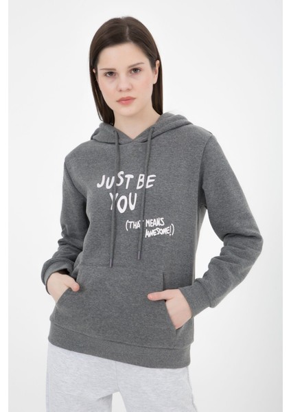 Kadın Baskılı Kapüşonlu Sweat Antrasit