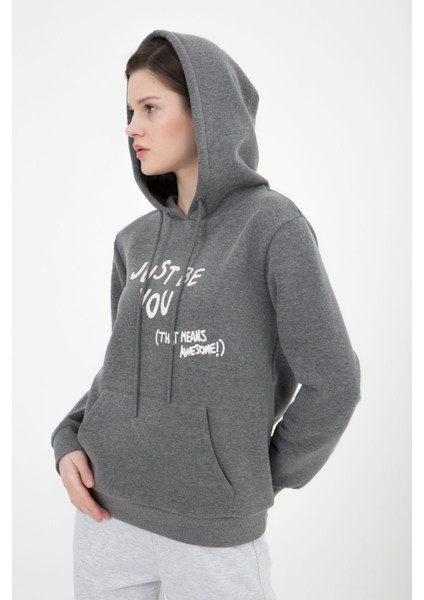 Kadın Baskılı Kapüşonlu Sweat Antrasit