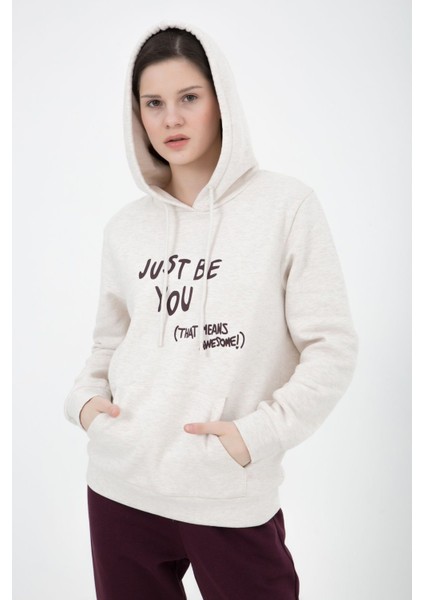 Kadın Baskılı Kapüşonlu Sweat Ekru indirimleri