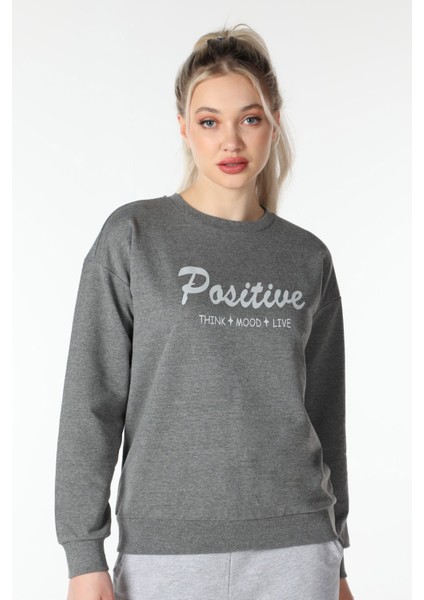 Kadın Baskılı Sweat Koyu Gri