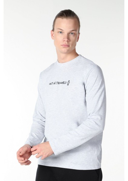 Erkek Bisiklet Yaka Uzun Kollu Regular Fit Baskılı Tişört Gri Melanj modelleri