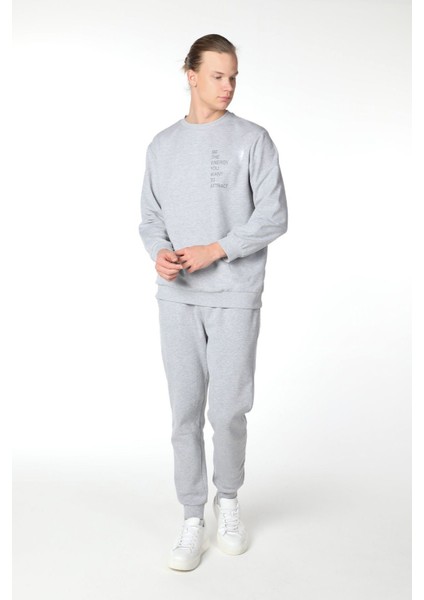 Erkek Baskılı Sweatshirt Gri Melanj