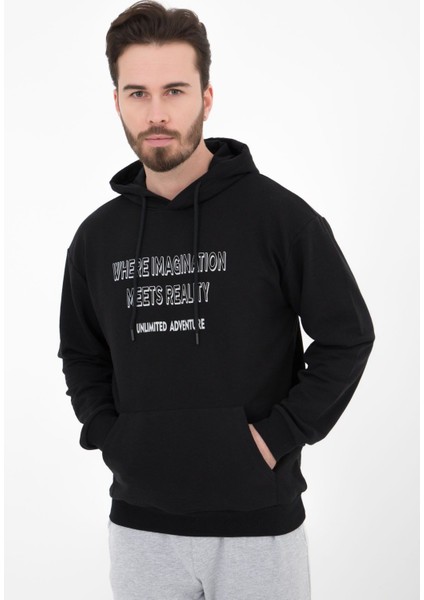 Erkek Kapüşonlu Regular Fit Baskılı Sweatshirt Siyah