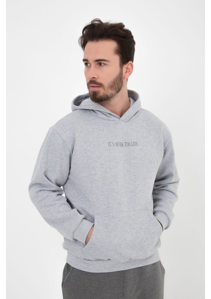 Erkek Baskılı Kapüşonlu Sweat Gri