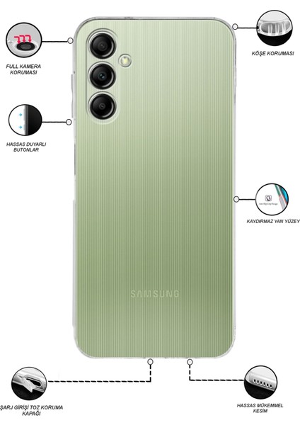 Caseworld Samsung Galaxy A14 ile Uyumlu Kapak Kamera Korumalı Tıpalı Şeffaf Silikon Kılıf fiyatları