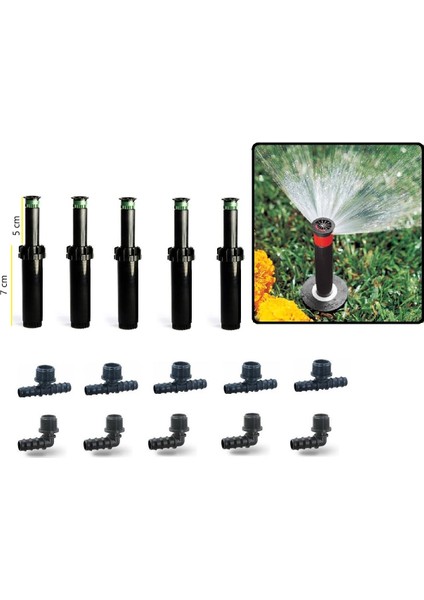 5 Adet x Hunter Çim Sulama Kısa Gövde Psu-02(7cm) Sprey Fıskiye Ayarlı Nozul DAHIL(0°-360°) + Ek Parçaları