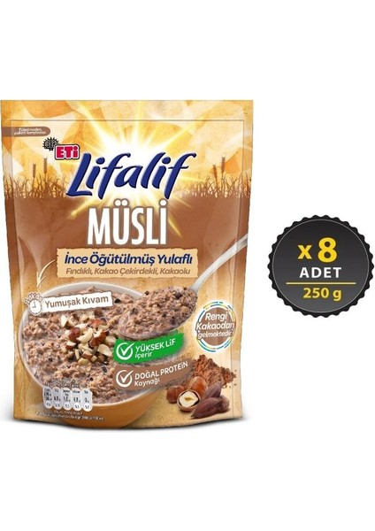 Lifalif Ince Öğütülmüş Yulaflı Fındıklı, Kakao Çekirdekli, Kakaolu Müsli 250 G x 8 Adet