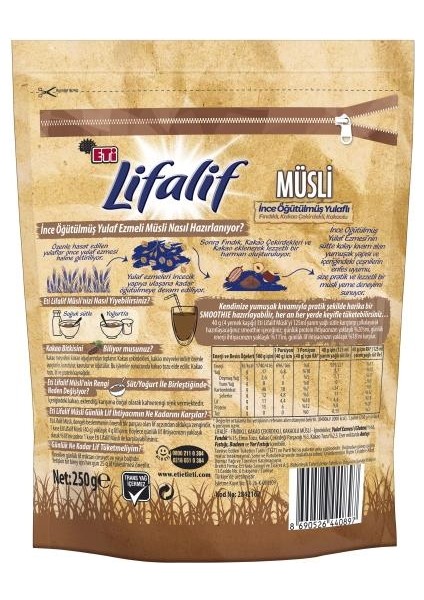 Lifalif Ince Öğütülmüş Yulaflı Fındıklı, Kakao Çekirdekli, Kakaolu Müsli 250 G x 8 Adet