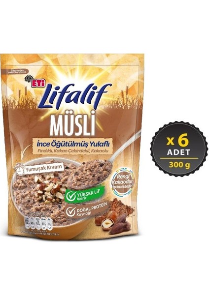 Lifalif Ince Öğütülmüş Yulaflı Fındıklı, Kakao Çekirdekli, Kakaolu Müsli 250 G x 6 Adet