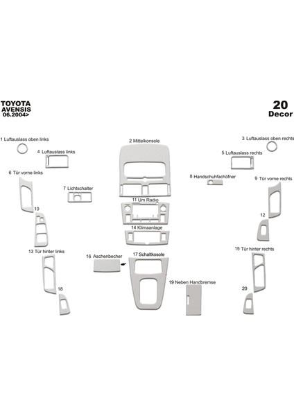 Meriç® Toyota Avensis Ön Torpido Kaplama Maun 20 Parça 2004-2005