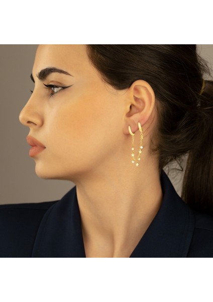 Taşlı Yıldızlı Çiftli Sallantılı Küpe Kadın Gümüş Küpe modelleri