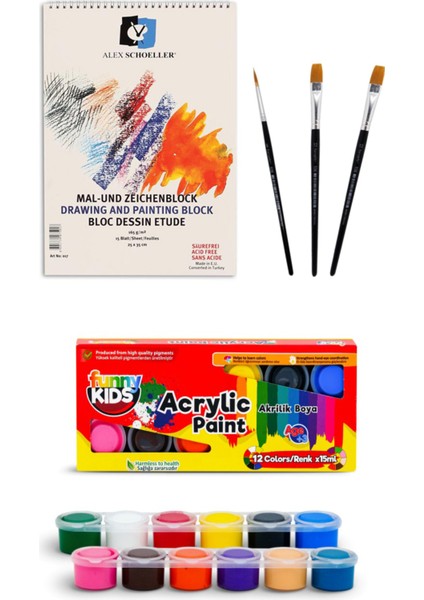 Resim Defteri 25X35 Spiralli 165 gr 15 Yaprak Funny Kids 12 Renk Akrilik Boyası 12X15 ml Set