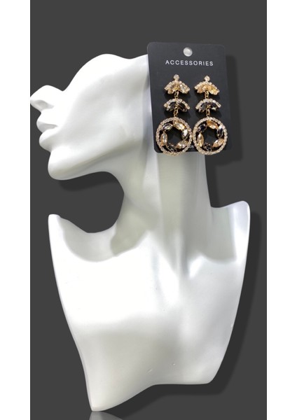 Sarı ve Kahribar Kristal Renk Taşlı Modern Tasarım Abiye Küpe MY70E22310045