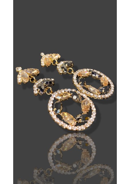Sarı ve Kahribar Kristal Renk Taşlı Modern Tasarım Abiye Küpe MY70E22310045
