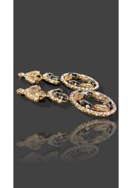 Sarı ve Kahribar Kristal Renk Taşlı Modern Tasarım Abiye Küpe MY70E22310045