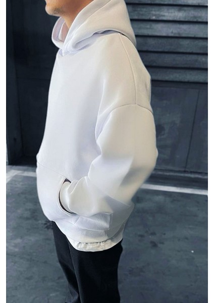 Unisex Beyaz Oversize İçi Puflu Kapüşonlu Bol Kalıp Sweatshirt Hoodie fiyatları