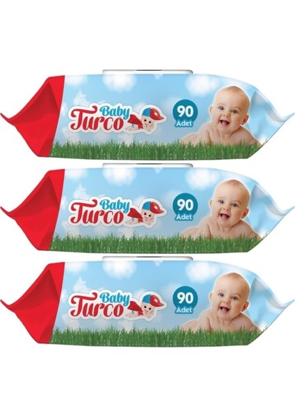 Baby Turco Islak Havlu Mendil Klasik 90 Yaprak 3 Lü Set Plastik Kapaklı