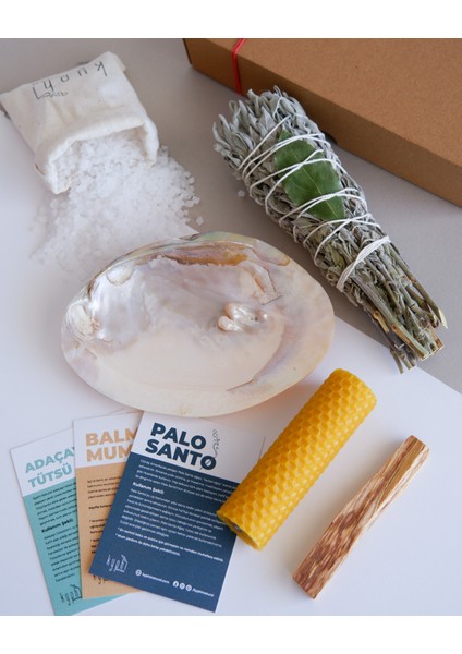 Macabeli Enerji Seti (Macabe Tütsülük-Palo Santo Tütsü- Balmumu Mum- Adaçayı Tütsü Demeti-Kese Tuz)
