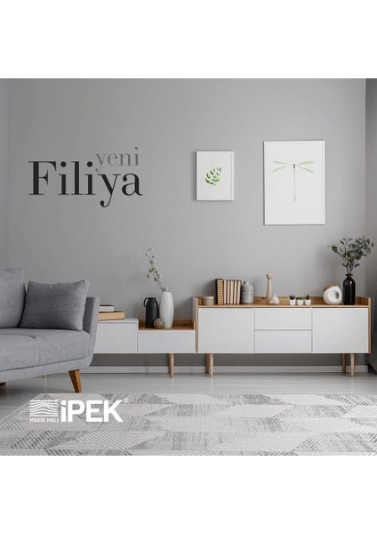 Ipek Mekik Halı Filiya Gri Ekru Geometrik Çizgili Halı