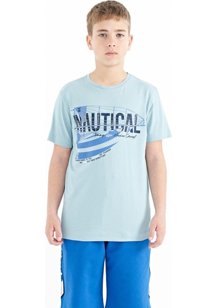 Açık Mavi Yazı Baskılı O Yaka Standart Kalıp Erkek Çocuk T-Shirt - 11100