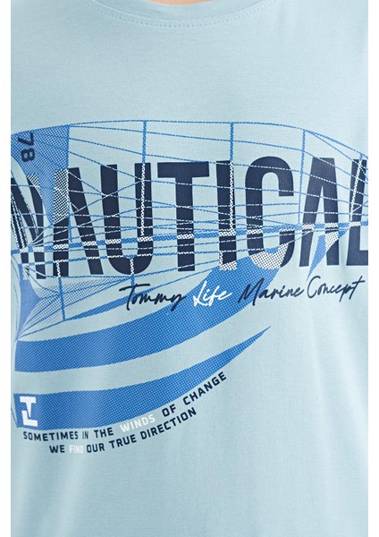 Açık Mavi Yazı Baskılı O Yaka Standart Kalıp Erkek Çocuk T-Shirt - 11100