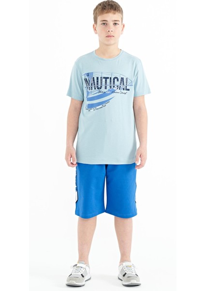 Açık Mavi Yazı Baskılı O Yaka Standart Kalıp Erkek Çocuk T-Shirt - 11100