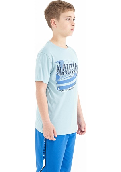 Açık Mavi Yazı Baskılı O Yaka Standart Kalıp Erkek Çocuk T-Shirt - 11100