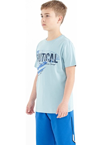 Açık Mavi Yazı Baskılı O Yaka Standart Kalıp Erkek Çocuk T-Shirt - 11100