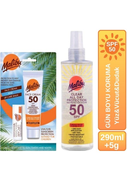 Güneş Koruyucu SPF50 + Yüz Losyonu SPF50 + Dudak Koruyucu SPF30 Gün Boyu Koruyucu Set