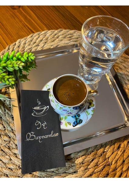 Gümüş Yaldızlı Siyah Iyi Bayramlar Peçete 6X12 cm