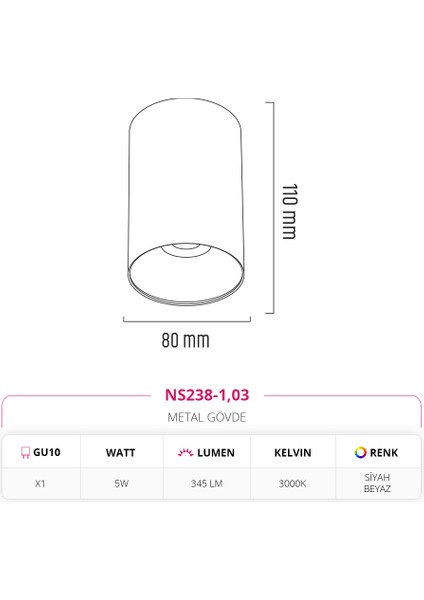 Sıva Üstü LED Spot Siyah NS238 - 1 modelleri