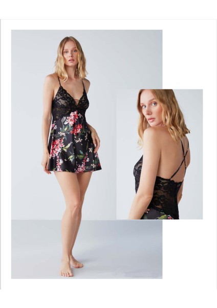 Penyemood Pamuk Saten Çiçekli Dantelli Gecelik