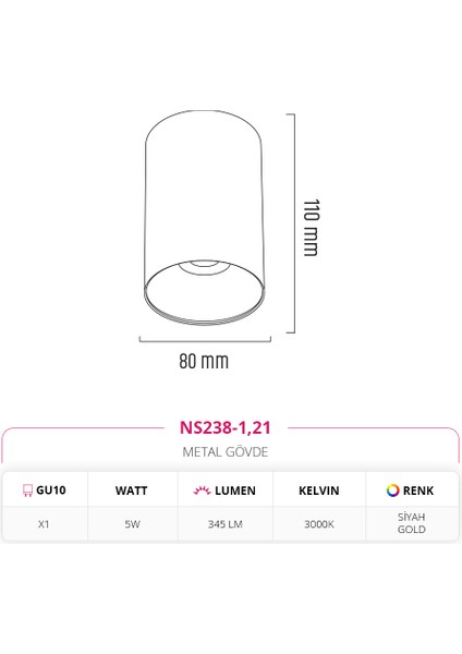 Sıva Üstü LED Spot Siyah Gold NS238 - 1